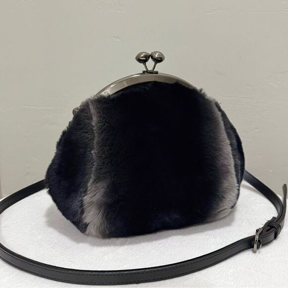 Black Gradient Handmade Real Rex Rabbit Fur Kiss-lock Shoulder Bag/Crossbody - Picture 1 of 14